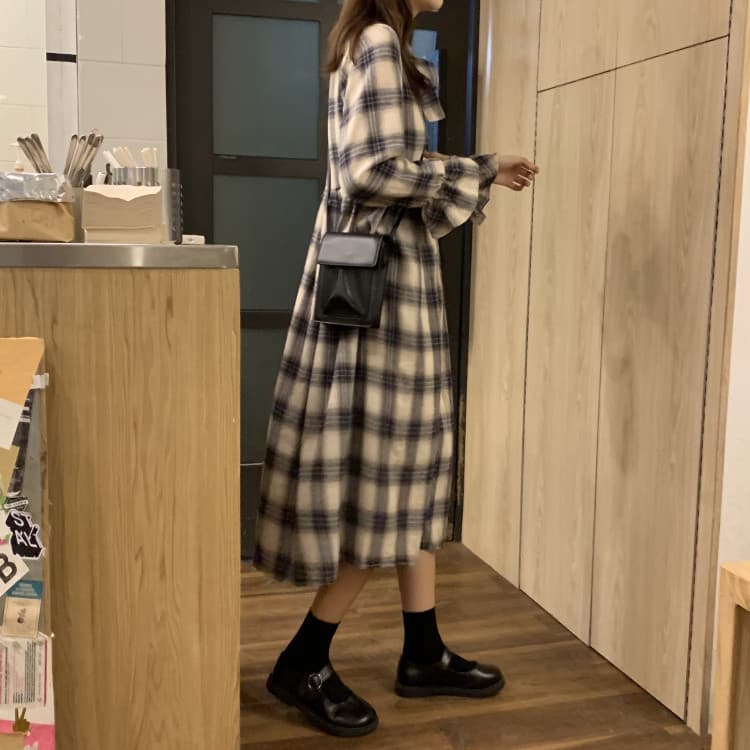 ロングワンピース 蝶結び付きチェック柄シャツワンピース レトロ風