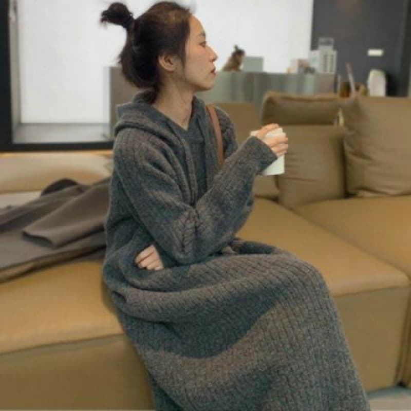 ロングワンピース リブ編みフード付きロングワンピース