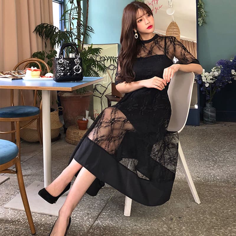 ロングワンピース レース 透け感レース重ねミディ丈ワンピース