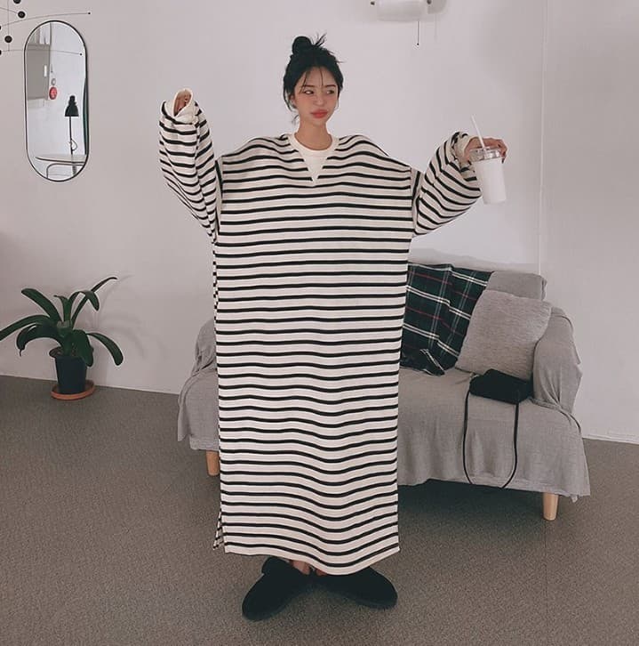 ロングワンピース スウェット ゆったりボーダーロングワンピース