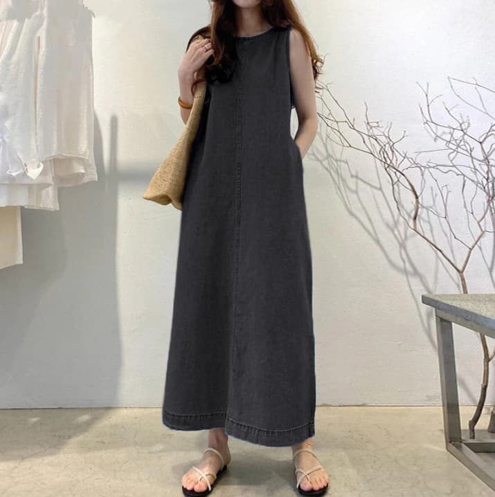 ロングワンピース なめらかデニムノースリーブワンピース