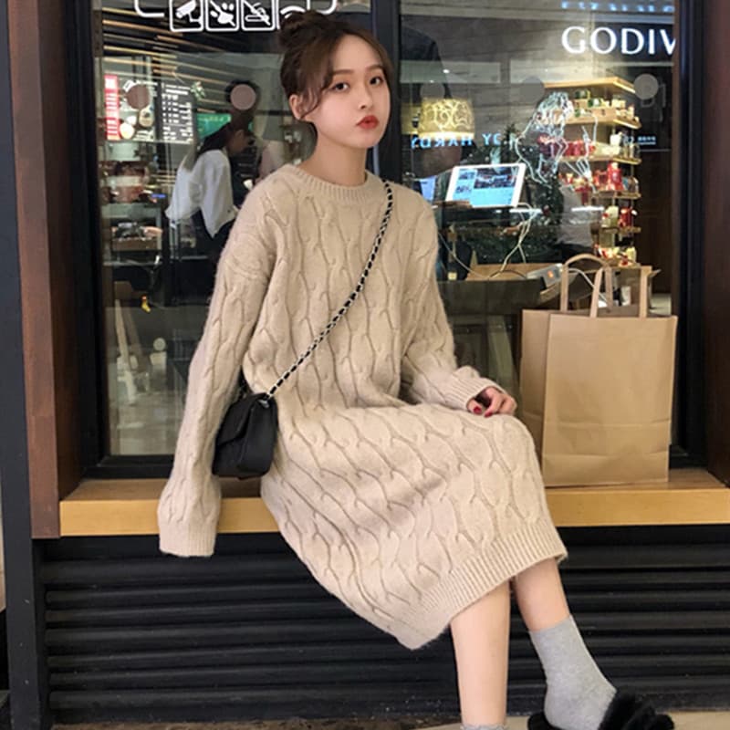 ロングワンピース ニット ケーブル編み長袖ニットロングワンピース