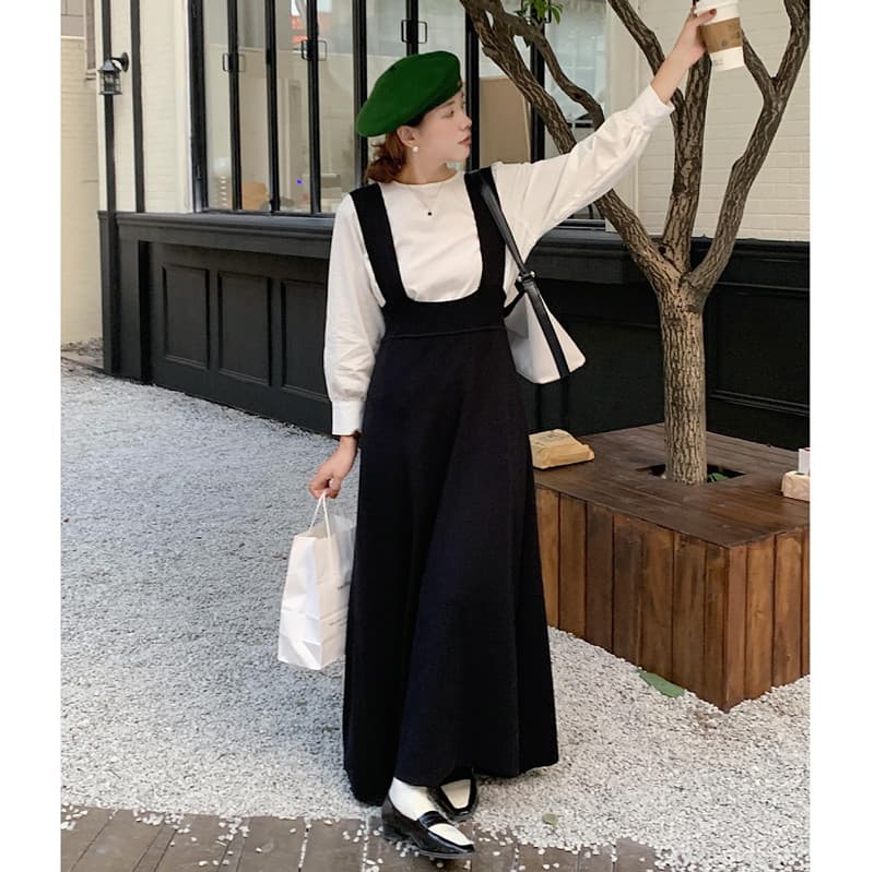 ロングワンピース 長袖ブラウス サスペンダー マキシ丈 サロペット 韓国風