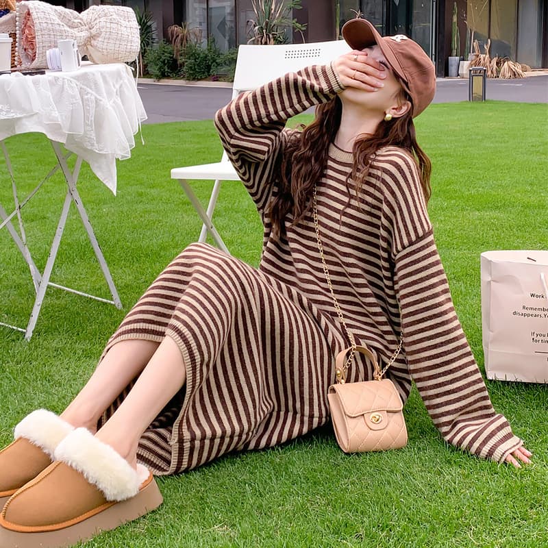 ロングワンピース ニット ゆったりボーダーニットワンピース