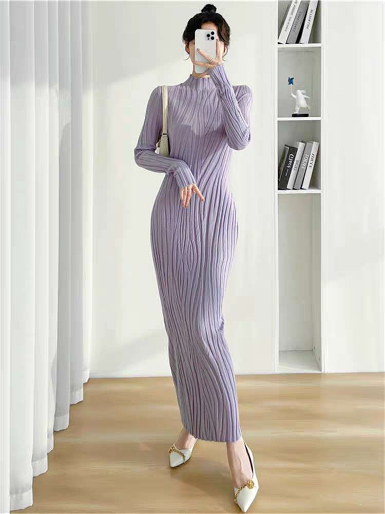 ロングワンピース 贅沢リブ編み ハイネックロングワンピース