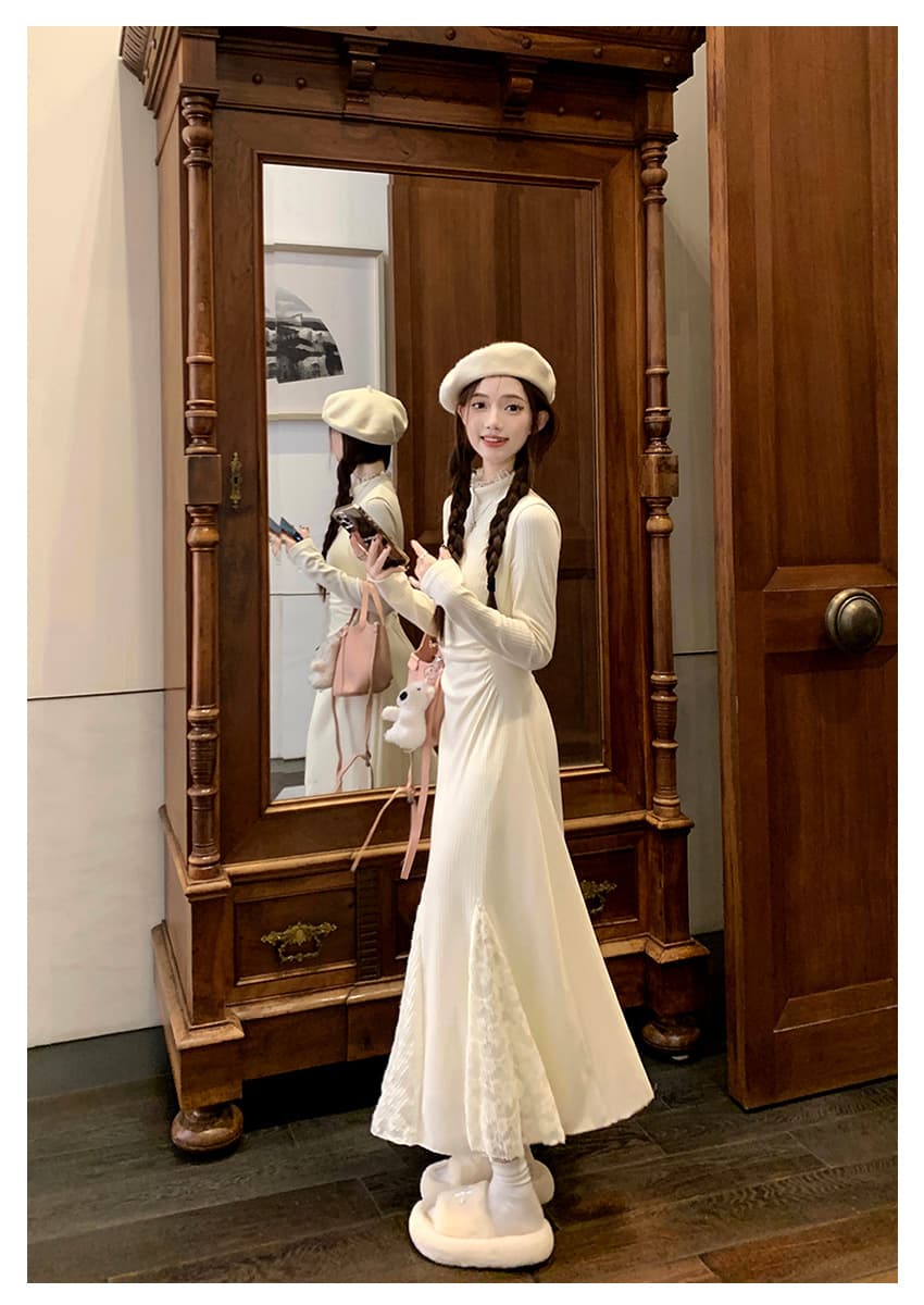 ロングワンピース 優美なフレア レースワンピース