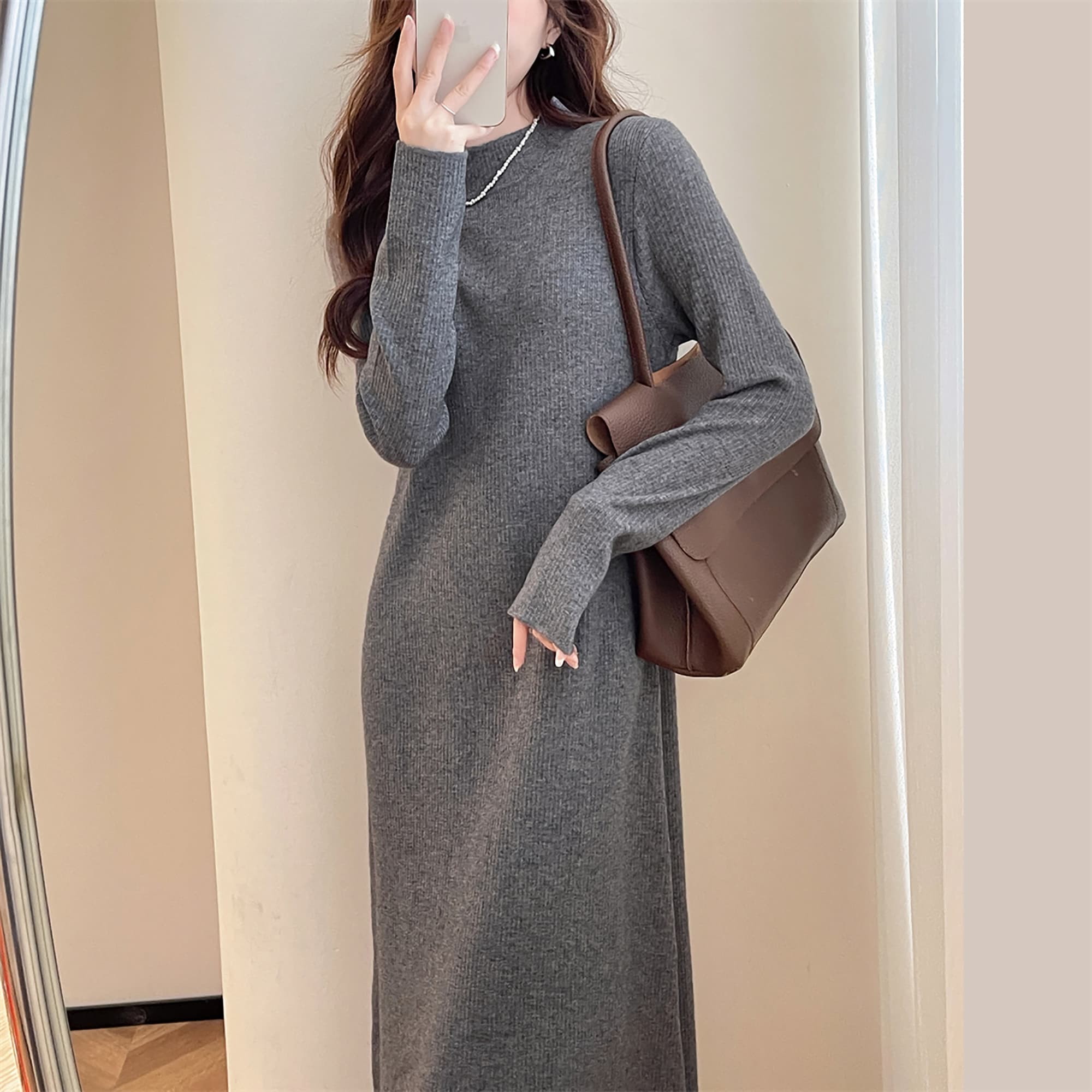 ロングワンピース ニット シンプルリブ編みロングワンピース
