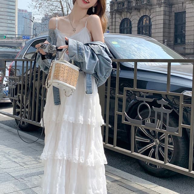 ロングワンピース 夢見る少女のティアードレース薄手ワンピース