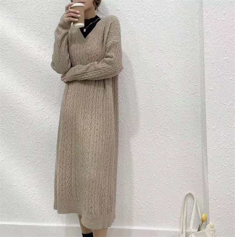 大きいサイズ ケーブル編み ニット ロングワンピース 秋冬 長袖
