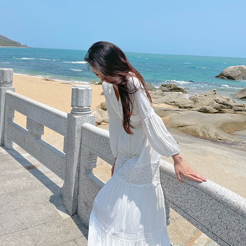 ロングワンピース レース 花柄レース切替ゆったりマキシワンピース