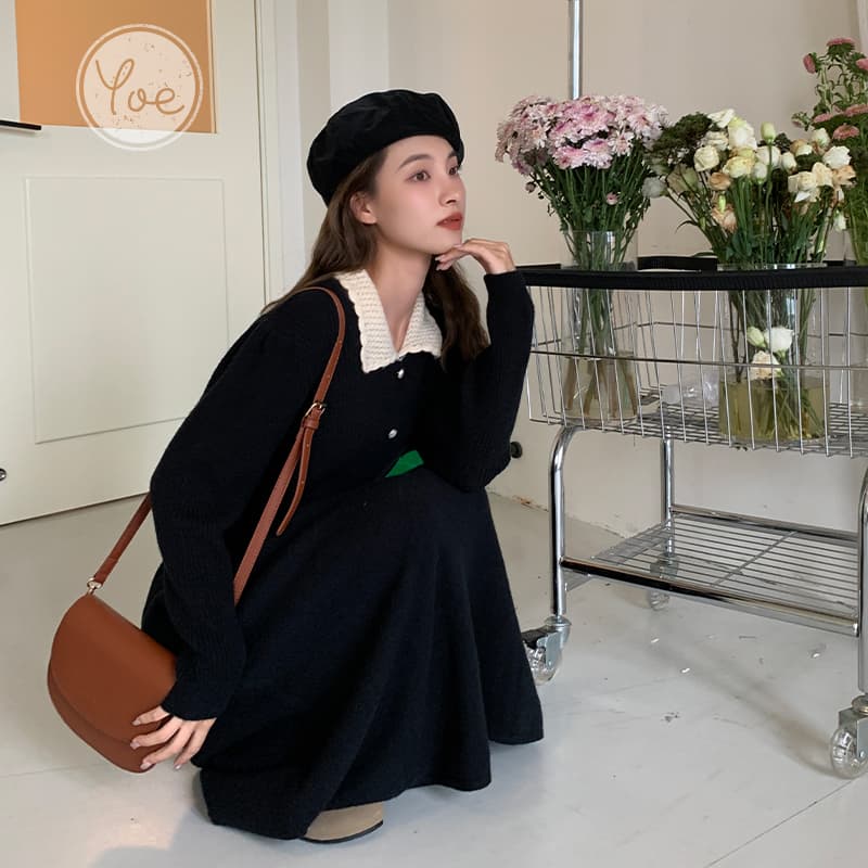 ロングワンピース ニット 襟付きコットンニットロングワンピース