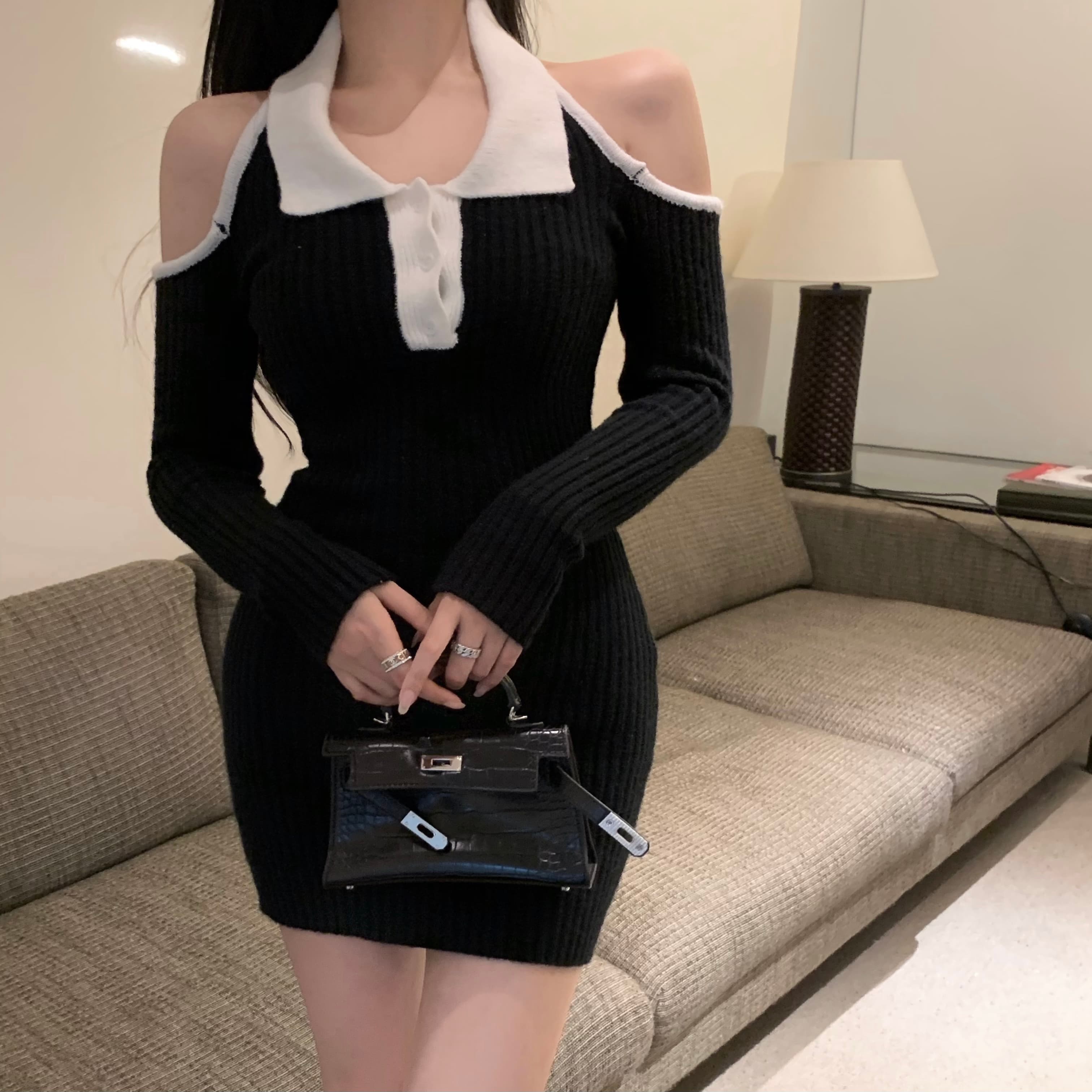 ロングワンピース ニット スリット入りフィット美シルエットワンピース