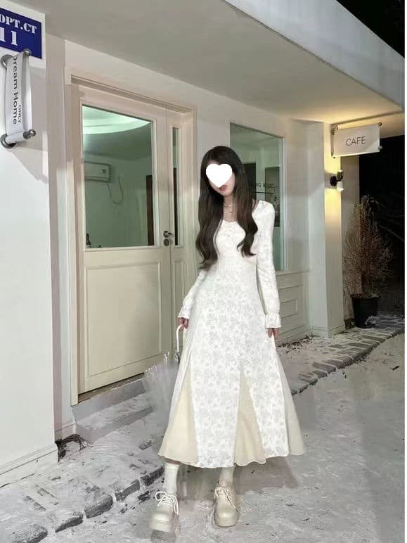 ロングワンピース レース編み込みクラシカルワンピース