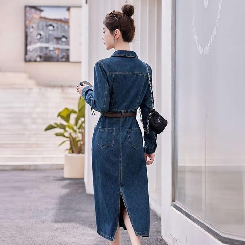 ロングワンピース デニム クラシカルレトロデニムワンピース