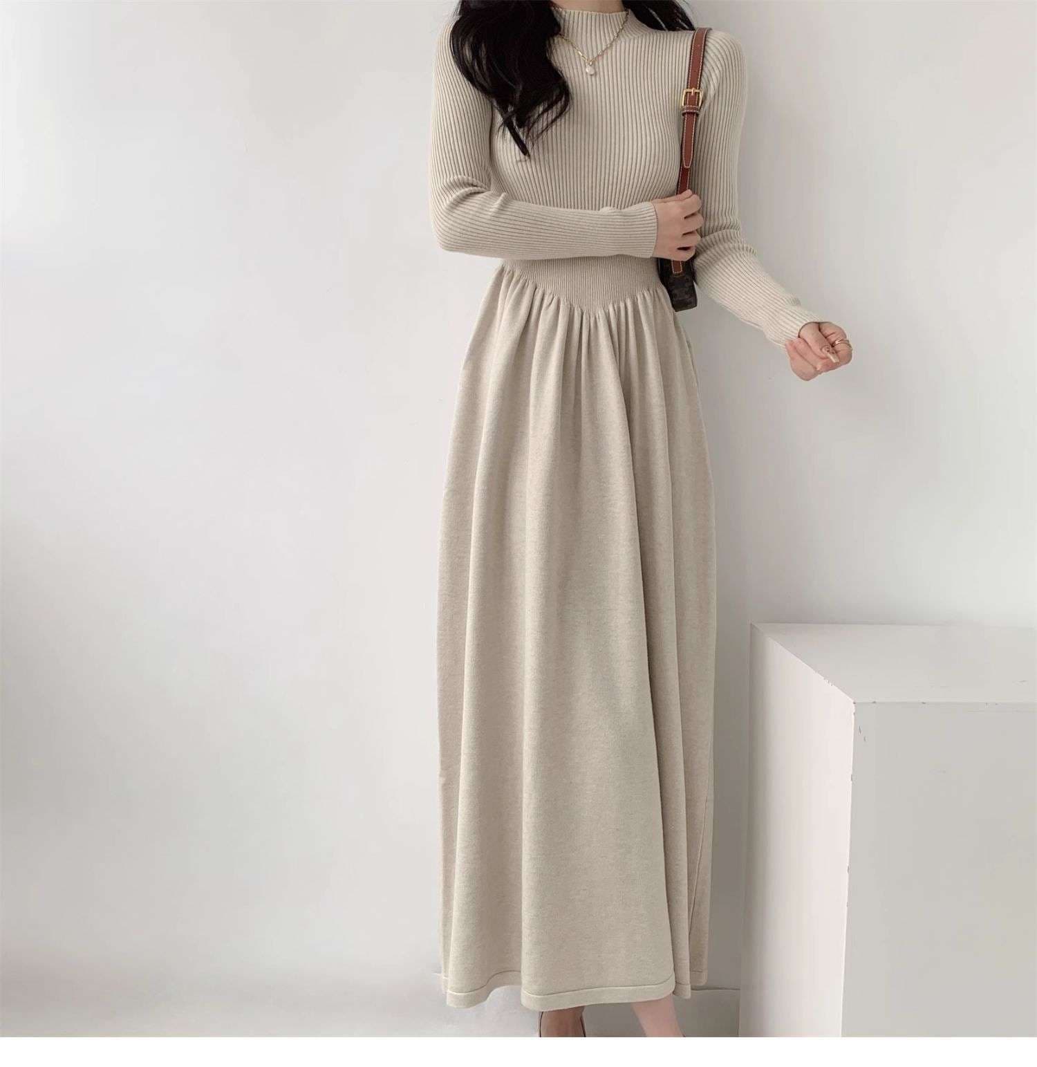 ロングワンピース シンプル上品リブニットロングワンピース