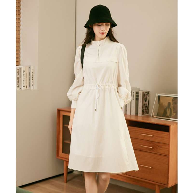 ロングワンピース 優美なギャザースリーブ シャツワンピース