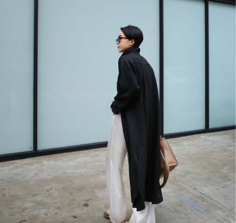 ロングワンピース リネン素材のスキッパー襟シャツワンピース