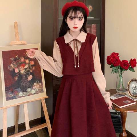 ロングワンピース 花束リボンカラー切替えセーラーワンピース