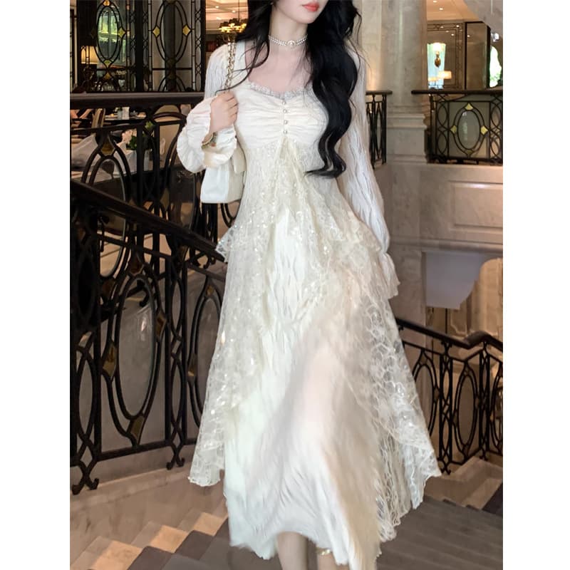 ロングワンピース お姫様レースフリルメイドロングワンピース