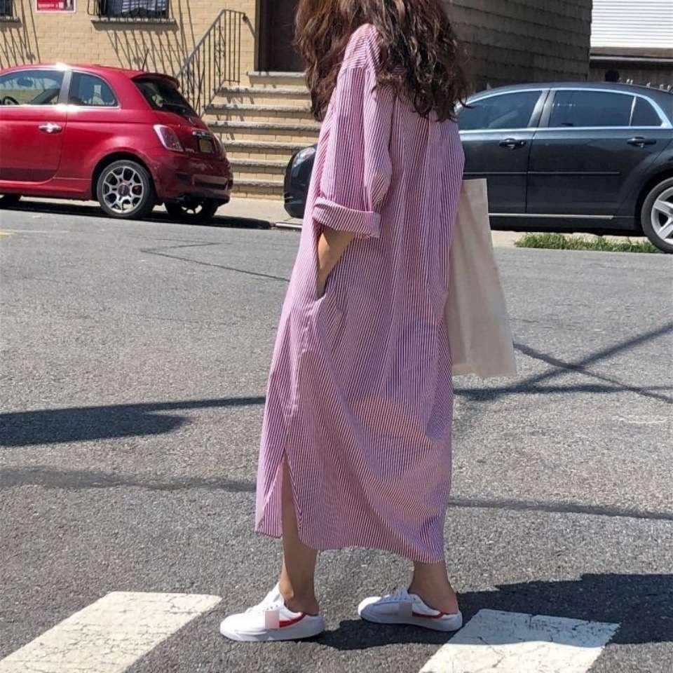 ロングワンピース ナチュラルストライプシャツワンピース