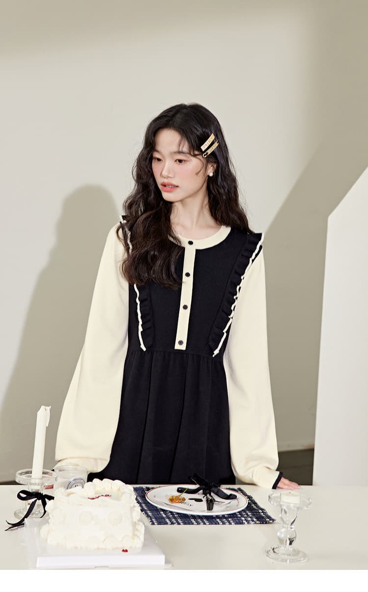 ロングワンピース フリル襟レトロニットワンピース