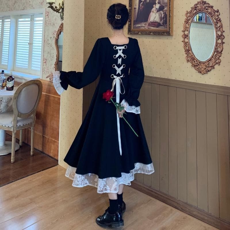 ロングワンピース 背中リボン レース切替 姫袖ワンピース