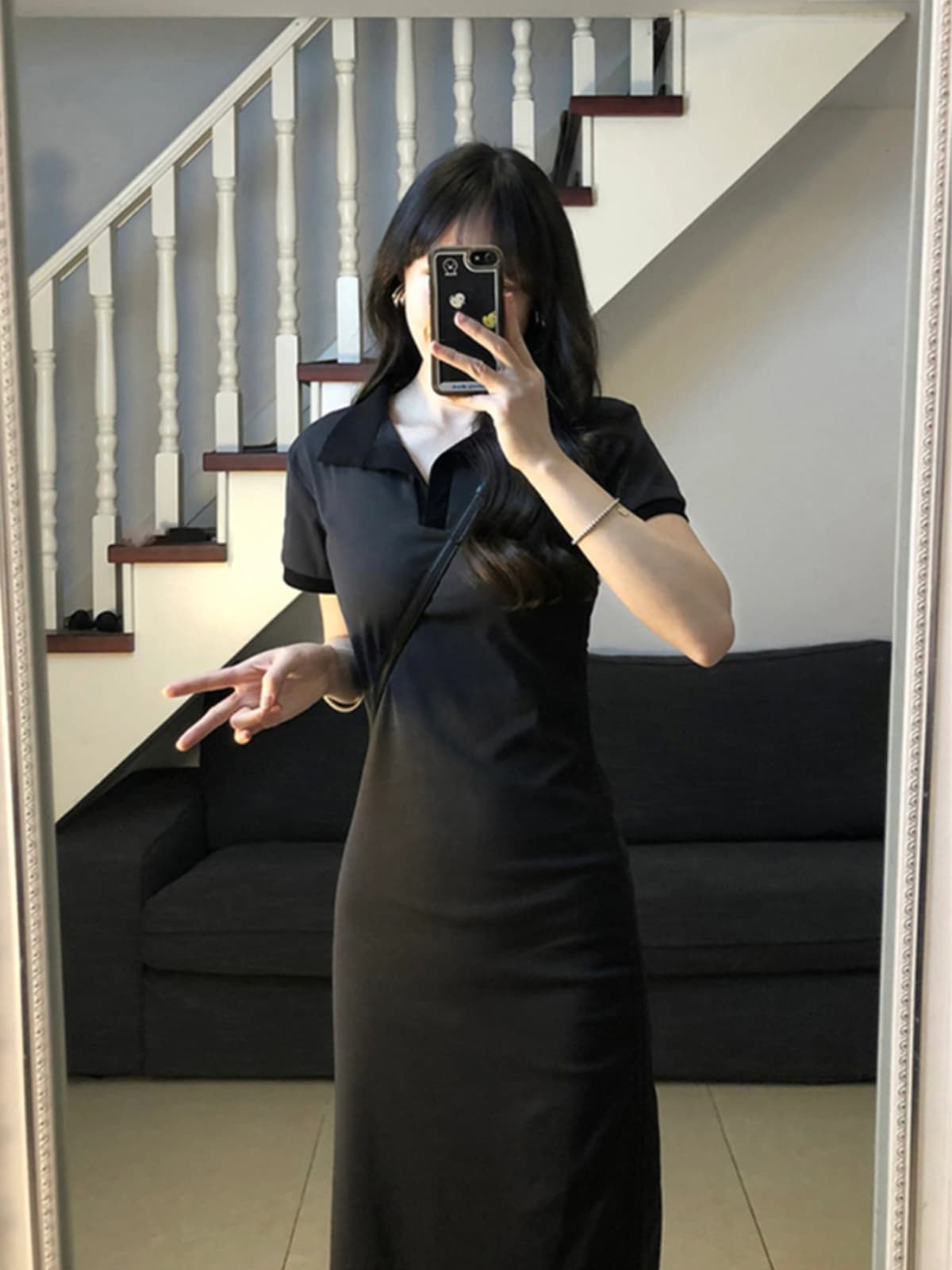 ロングワンピース ポロシャツ 襟付き半袖ロングワンピース スリット入り