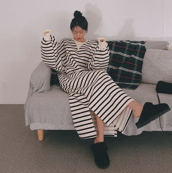ロングワンピース スウェット ゆったりボーダーロングワンピース
