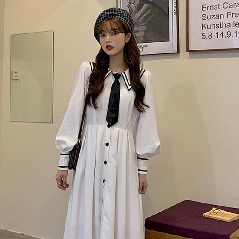 ロングワンピース シャツ セーラー襟ネクタイ付きロングシャツワンピース
