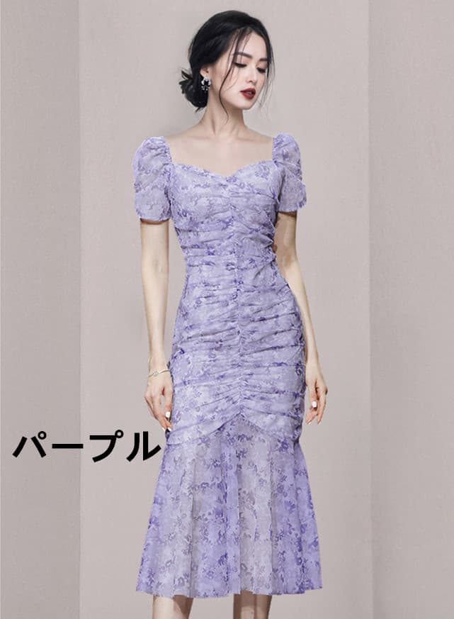ロングワンピース 花柄レースタイトワンピース パフスリーブ春夏