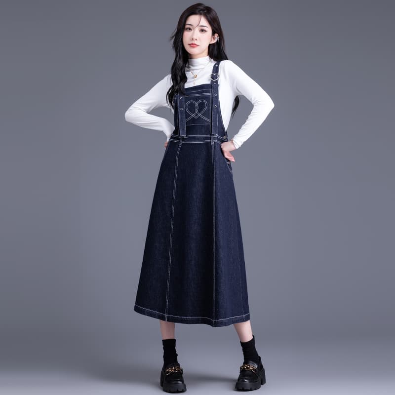 ロングワンピース ハート刺繍デニムサロペットスカート