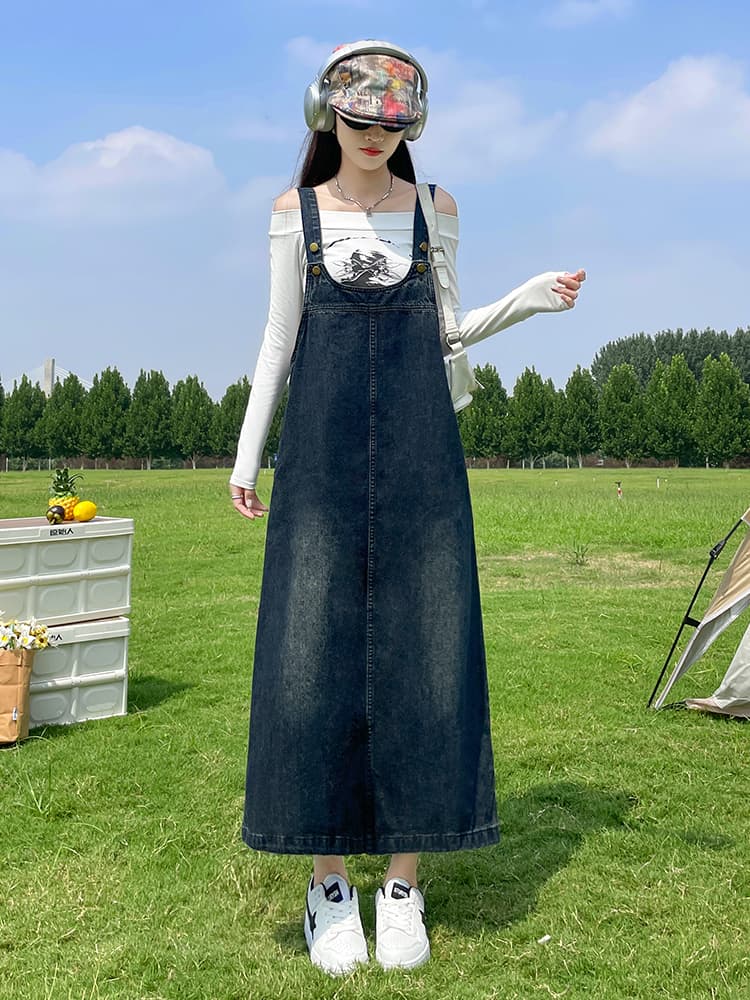 ロングワンピース デニム ナチュラルサロペットワンピース