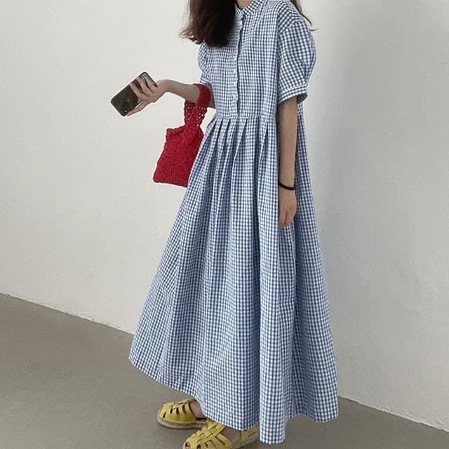 ロングワンピース チェック柄シャツワンピース ロング丈 女性用 ゆったりきれいめ