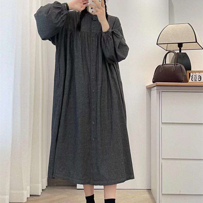 ロングワンピース ギャザーフリル襟 シャーリング ロングワンピース