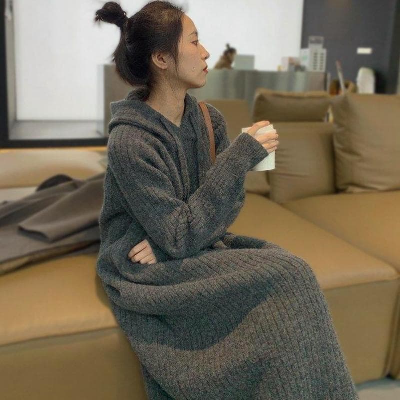 ロングワンピース リブ編みフード付きロングワンピース
