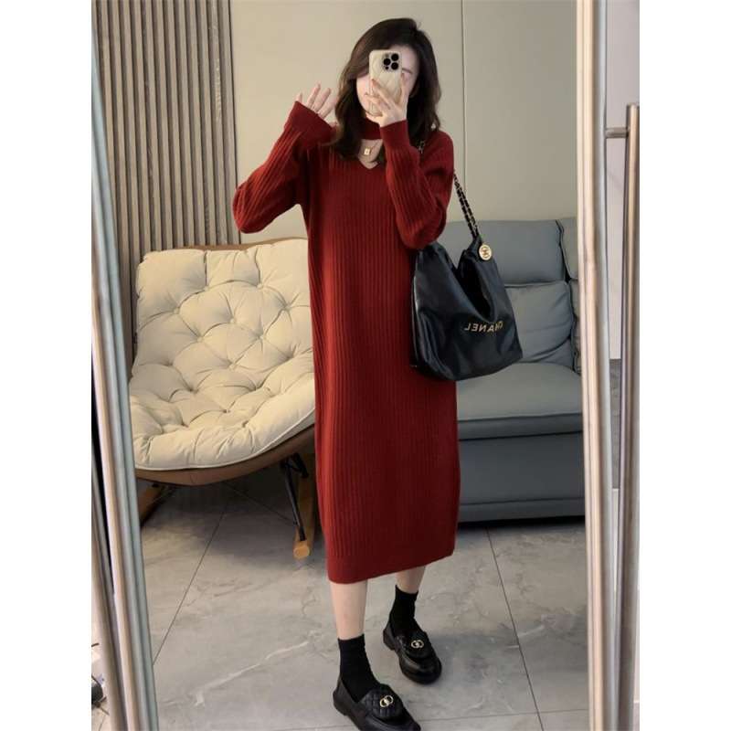 ロングワンピース シンプル美シルエットリブニットワンピース