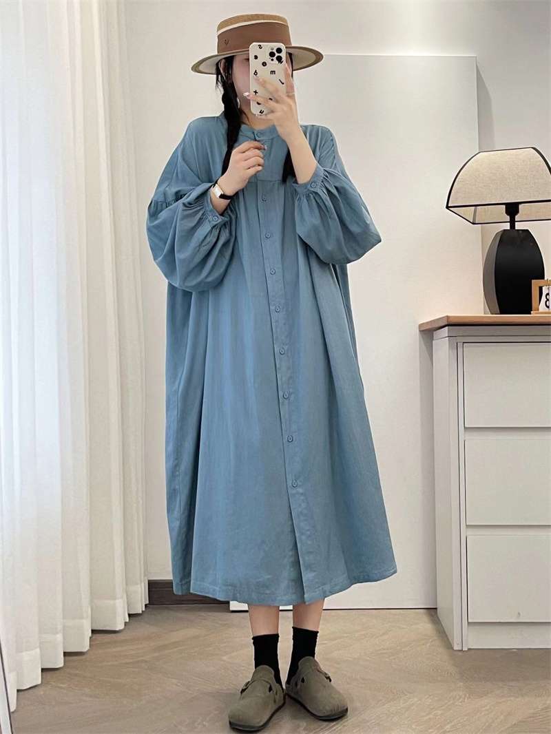 ロングワンピース ギャザーフリル襟 シャーリング ロングワンピース