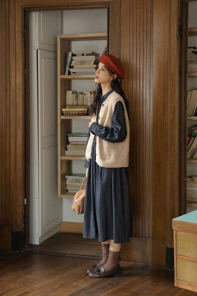 ロングワンピース ゆったりデニムギャザーワンピース