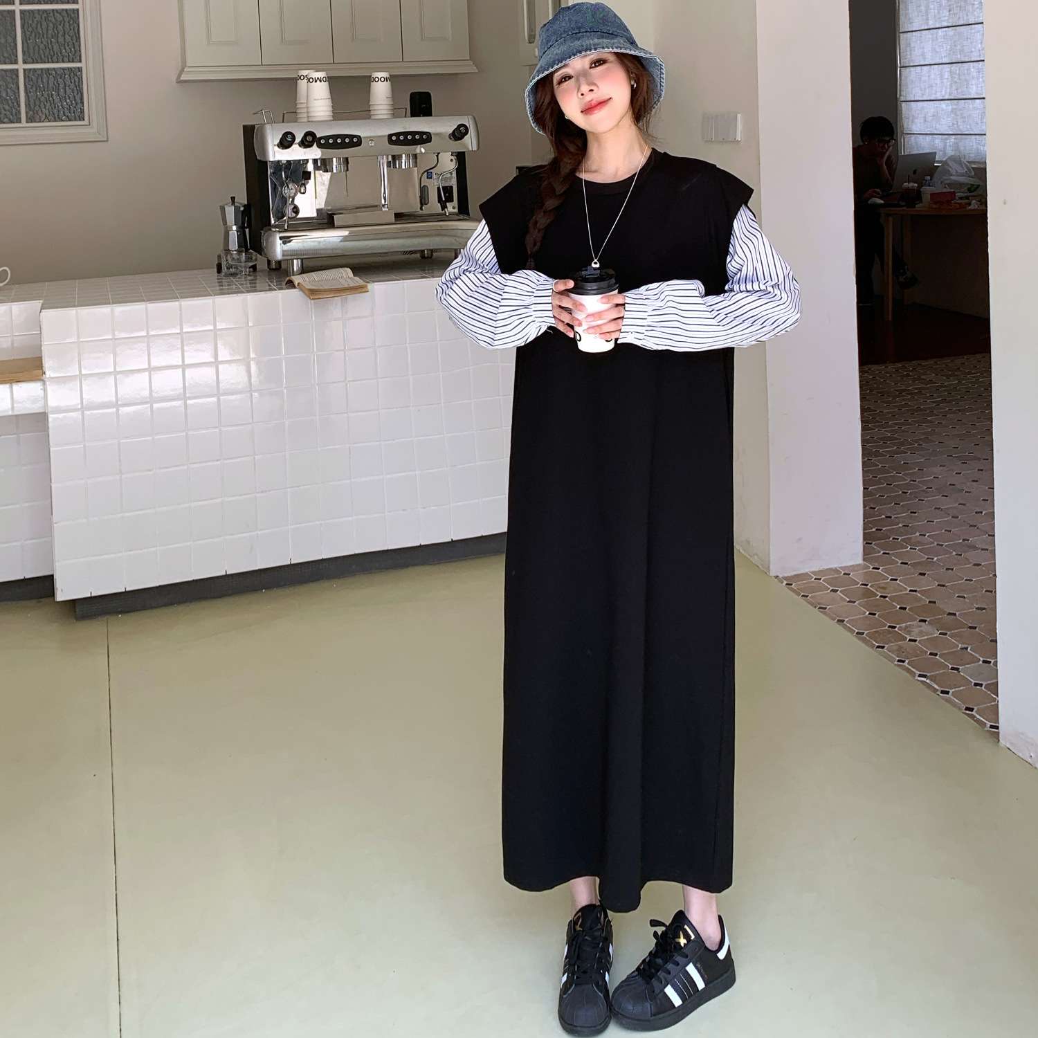 ロングワンピース ストライプ切替シームレスニットワンピース