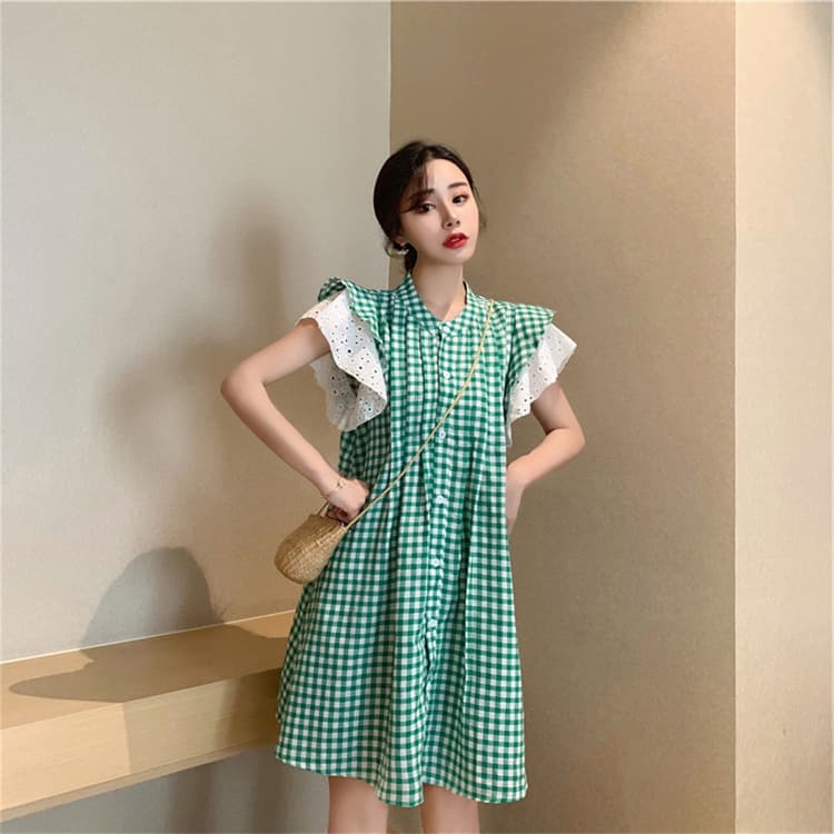 ロングワンピース 緑色格子柄シャツワンピース上品ゆったり袖フリル付き