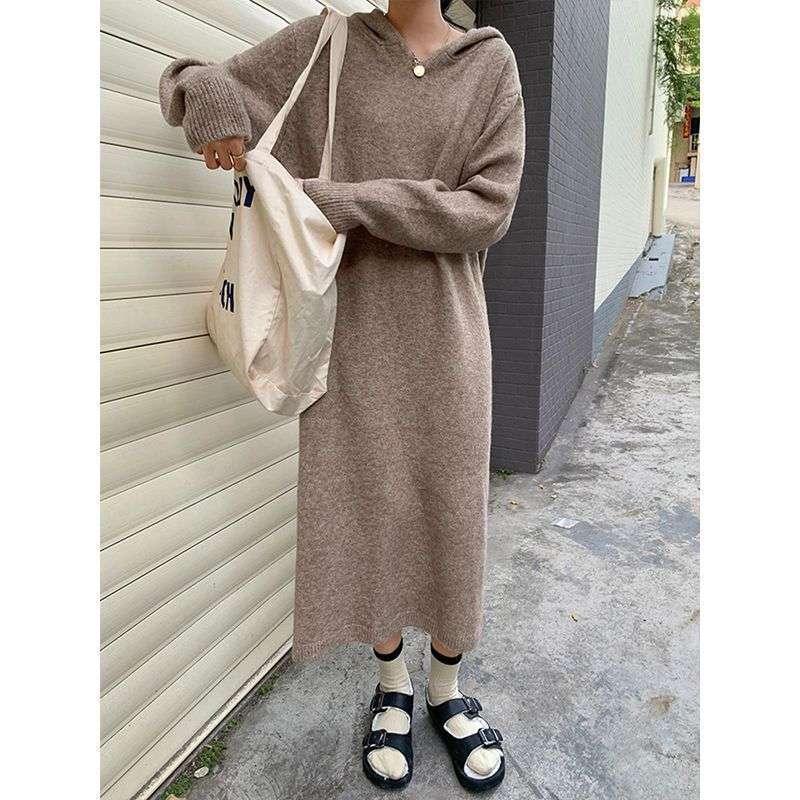 ロングワンピース カシミヤ混 リラックスフードワンピース