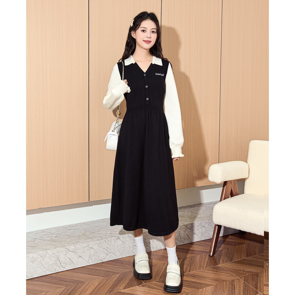 ロングワンピース ニット コントラスト袖 シンプルマキシワンピース
