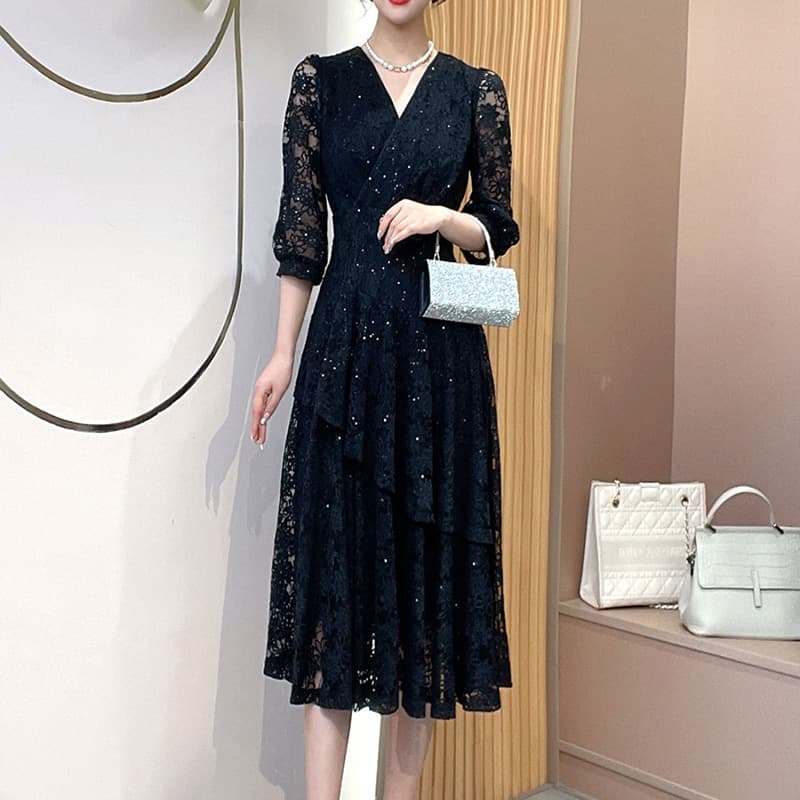 ロングワンピース 華やぎ透かしレース優美ドレスワンピース