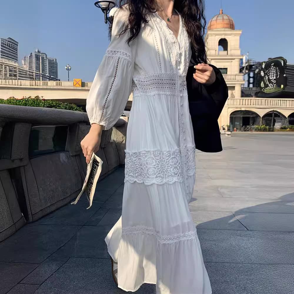 ロングワンピース 優美なレース切替フェミニンマキシワンピース