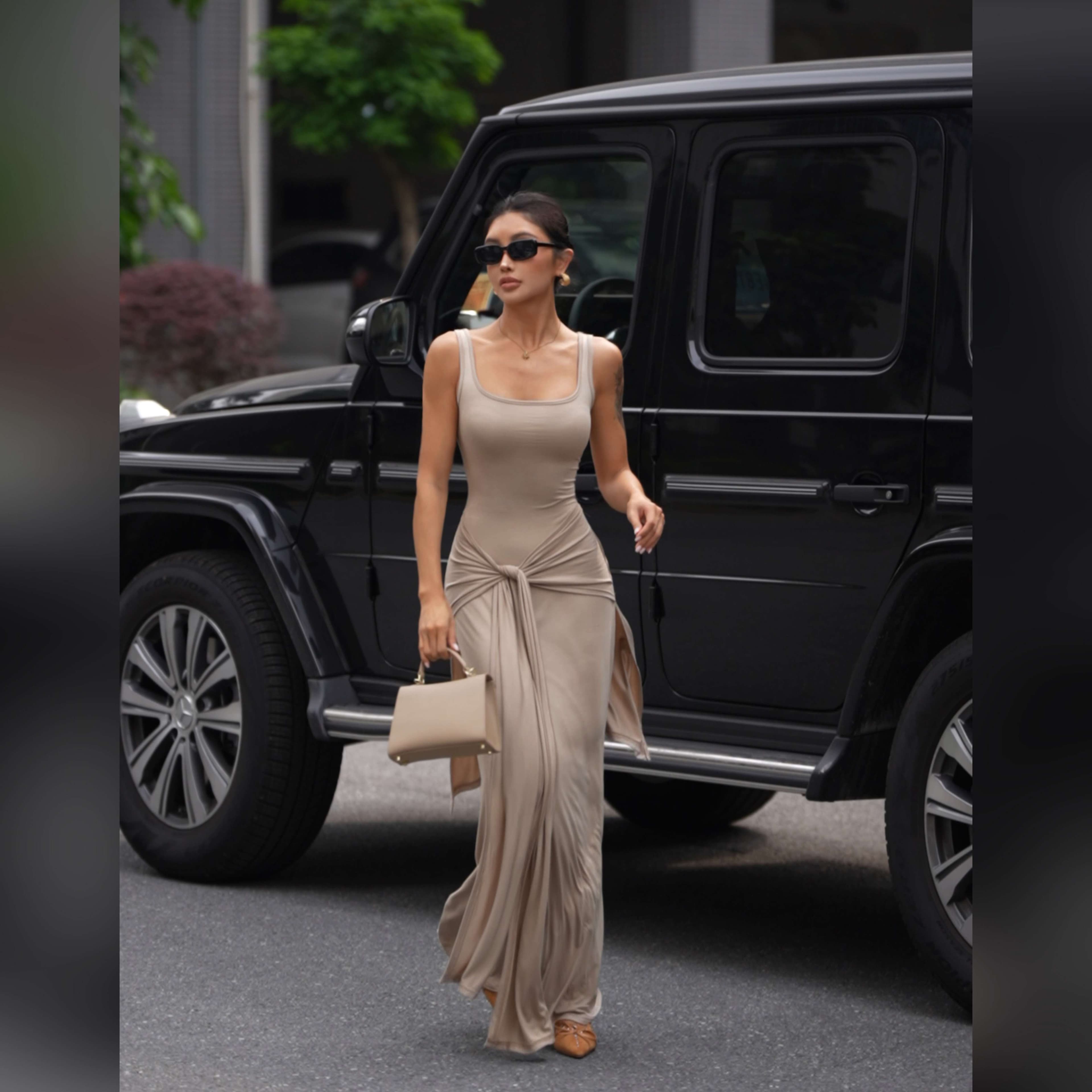 ロングワンピース シンプルドレープマキシワンピース