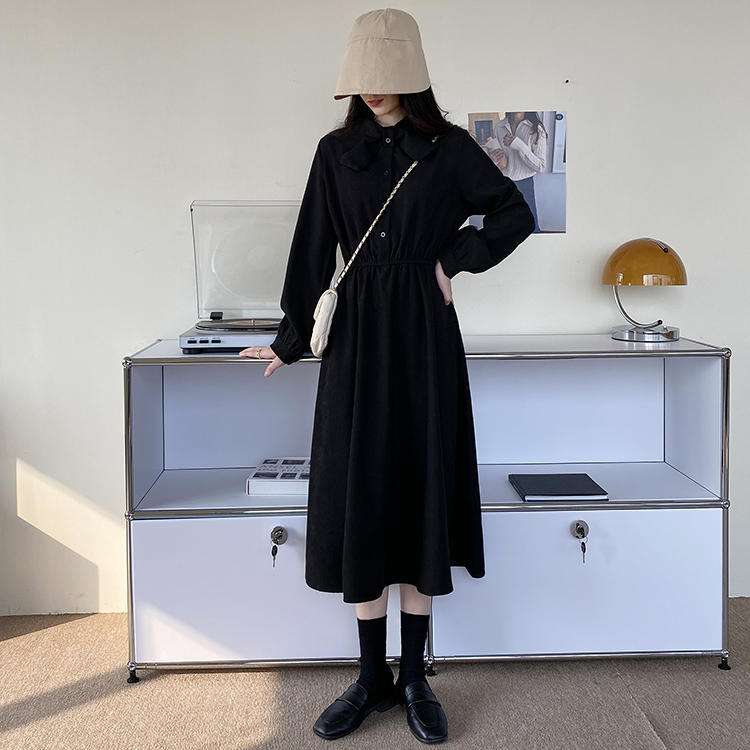 ロングワンピース シンプル襟付きギャザーワンピース