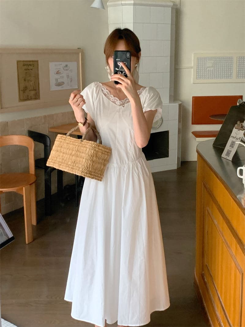 ロングワンピース 春夏新作レース襟シャツワンピース可愛いロング丈