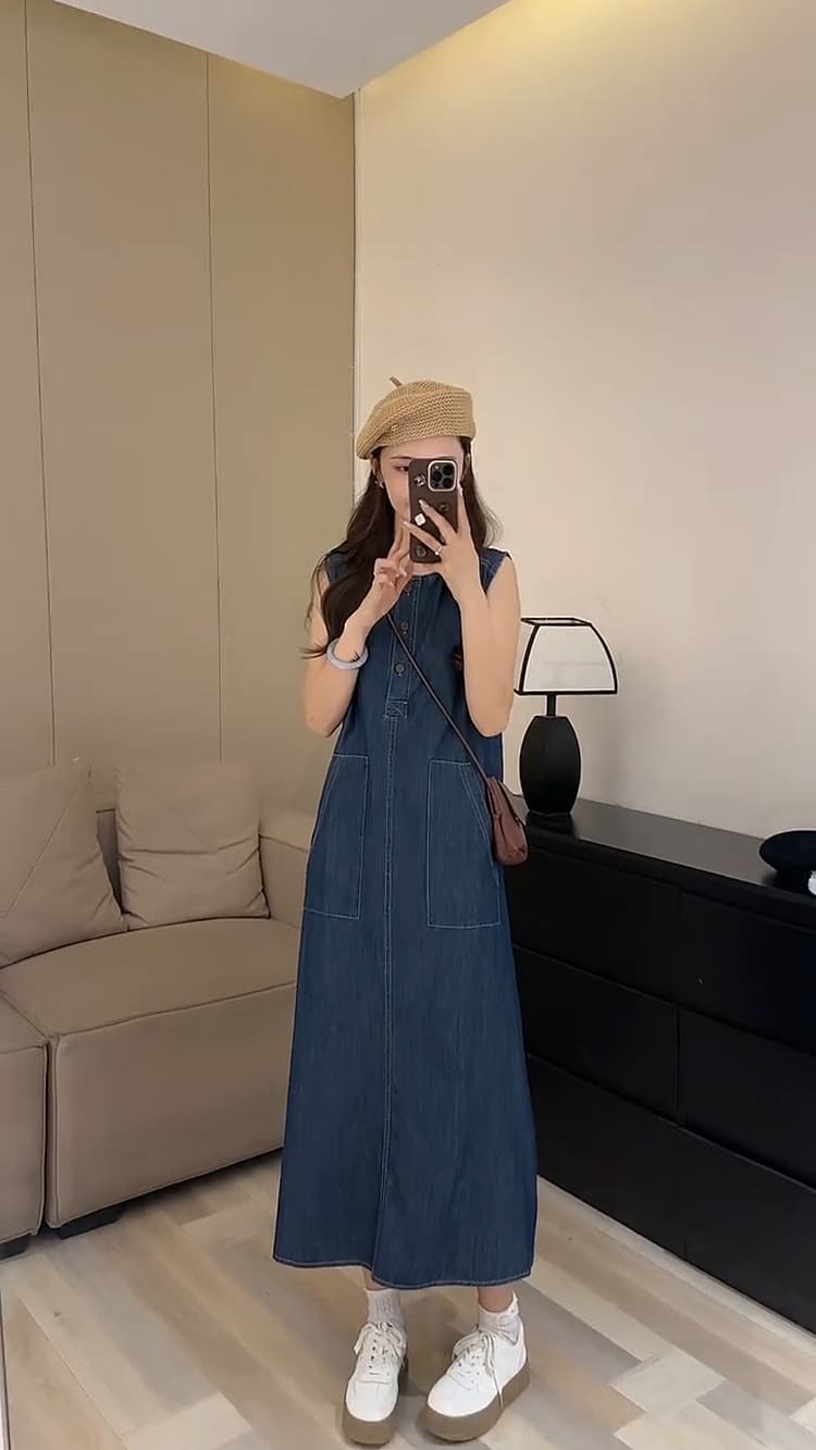ロングワンピース　デニム ベーシックノースリーブデニムワンピース