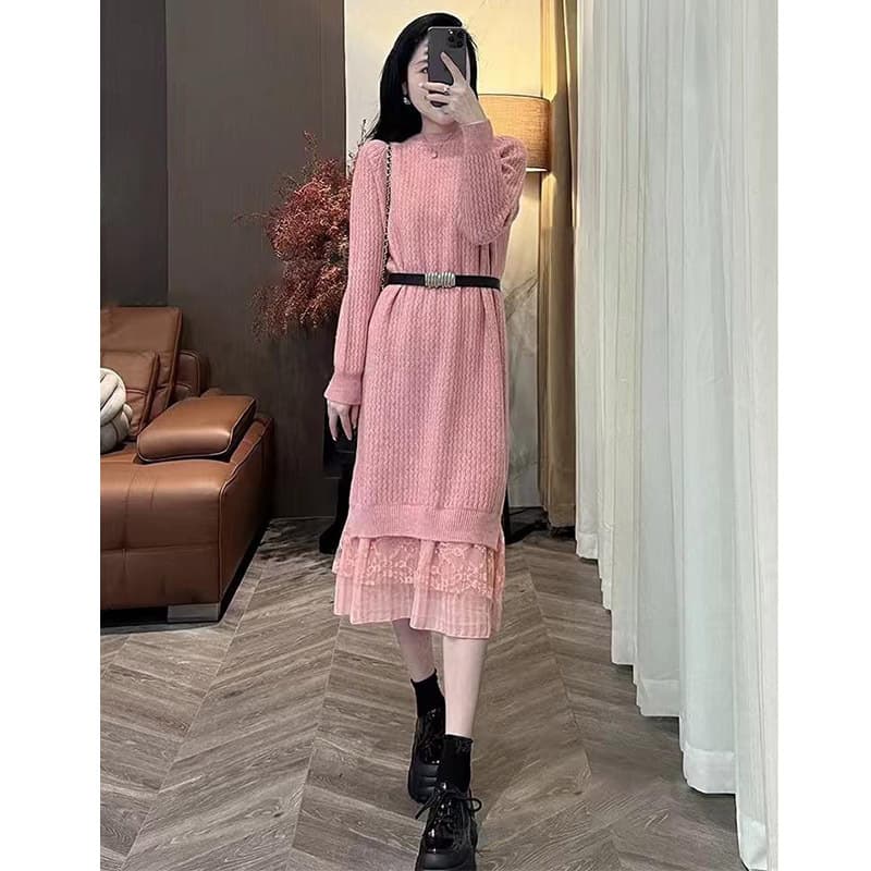 ロングワンピース レース裾デザイン リブニットワンピース