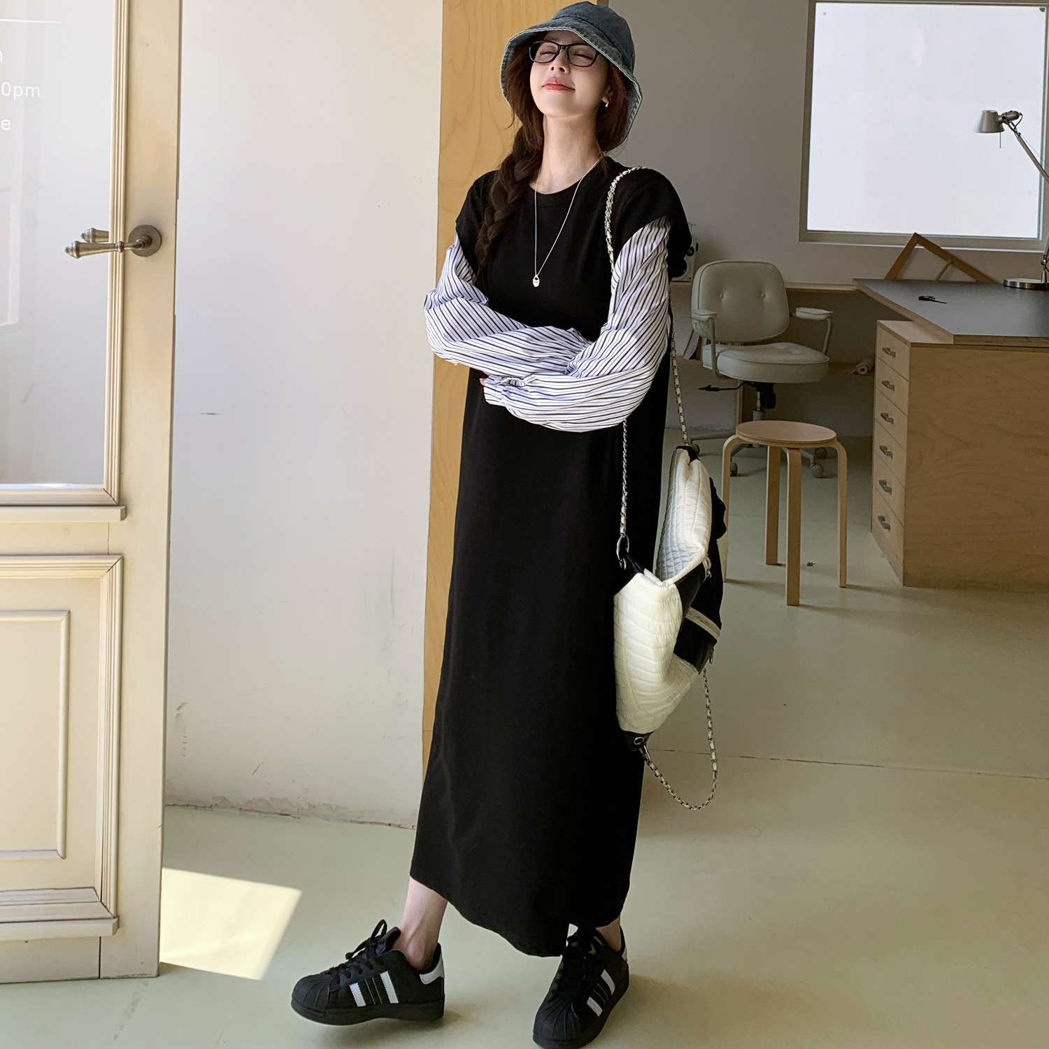 ロングワンピース ストライプ切替シームレスニットワンピース